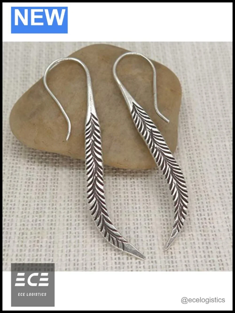 Sterling Silver Long Feather Earrings Handmade Oxidized Tribal Spike Drop Dangle